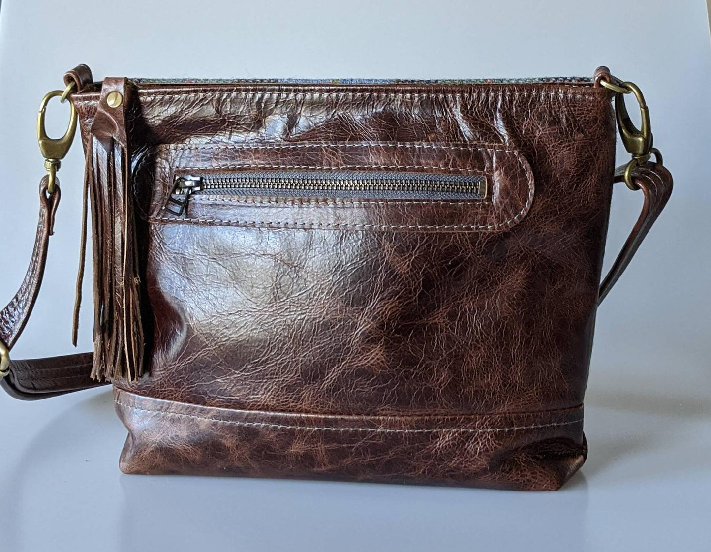 Handbag in Leather and Harris Tweed