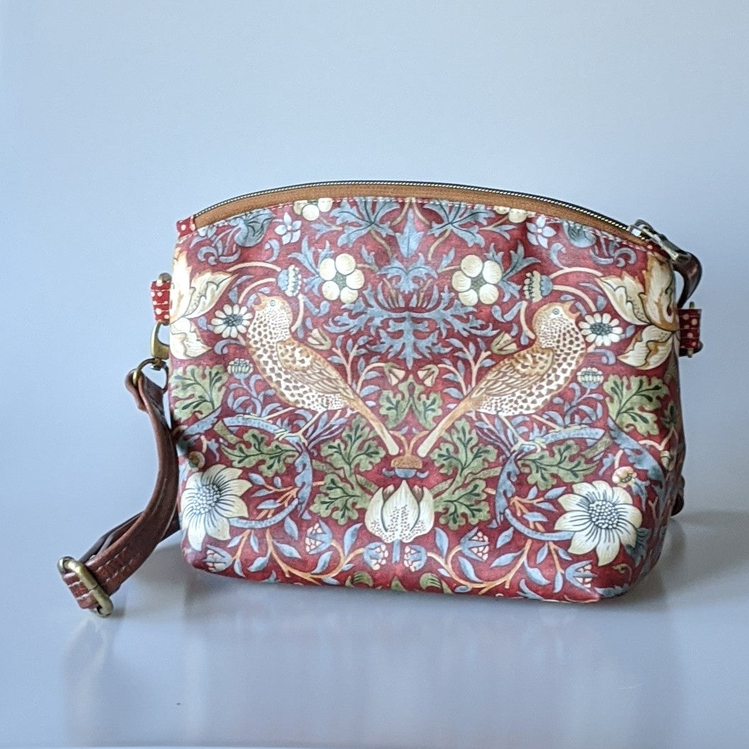 Handbag in red Strawberry Thief by William Morris print. Made in Canada by Plumage Studio Accessories