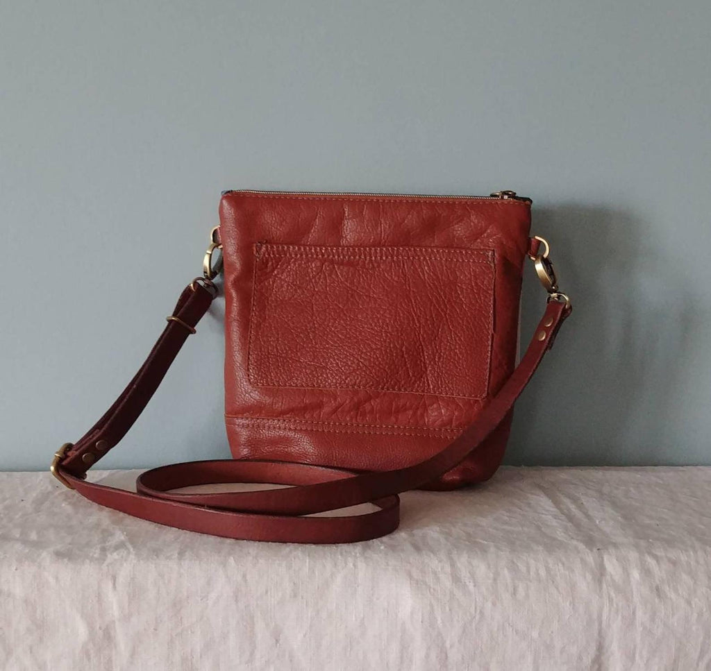 Smaller Sized "Acorn" Crossbody Bag in Leather and Hare Print Fabric
