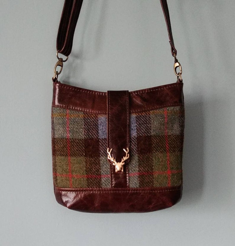 Highland Swish in Leather with Black Watch Harris Tweed
